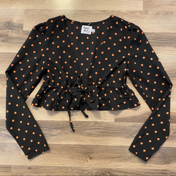 Princess Polly Black Polka Dot Tie Front Long Sleeve Top - Picture 1 of 5